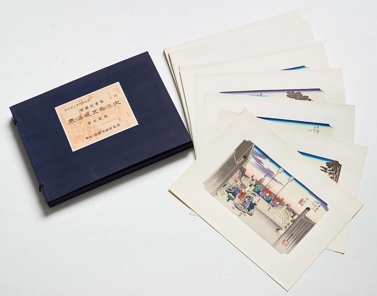 ANDO HIROSHIGE, senare avdrag, mapp, "The fifty-three stations on the tokaido", utgiven av Kata Hanga Kenkyujo.