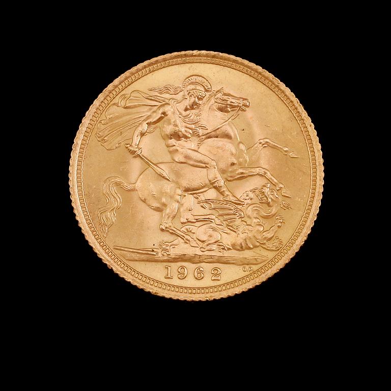 GULDMYNT, sovereign, Elizabeth II, 1962. Vikt ca 8 gram.