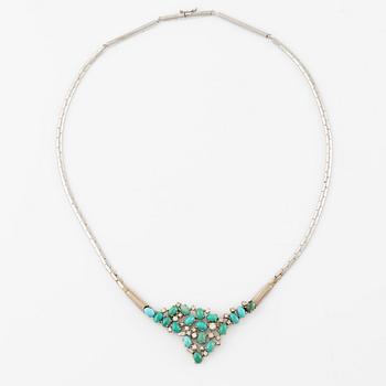Necklace, 18K white gold with turquoises and baguette-, octagonal- and brilliant-cut diamonds.