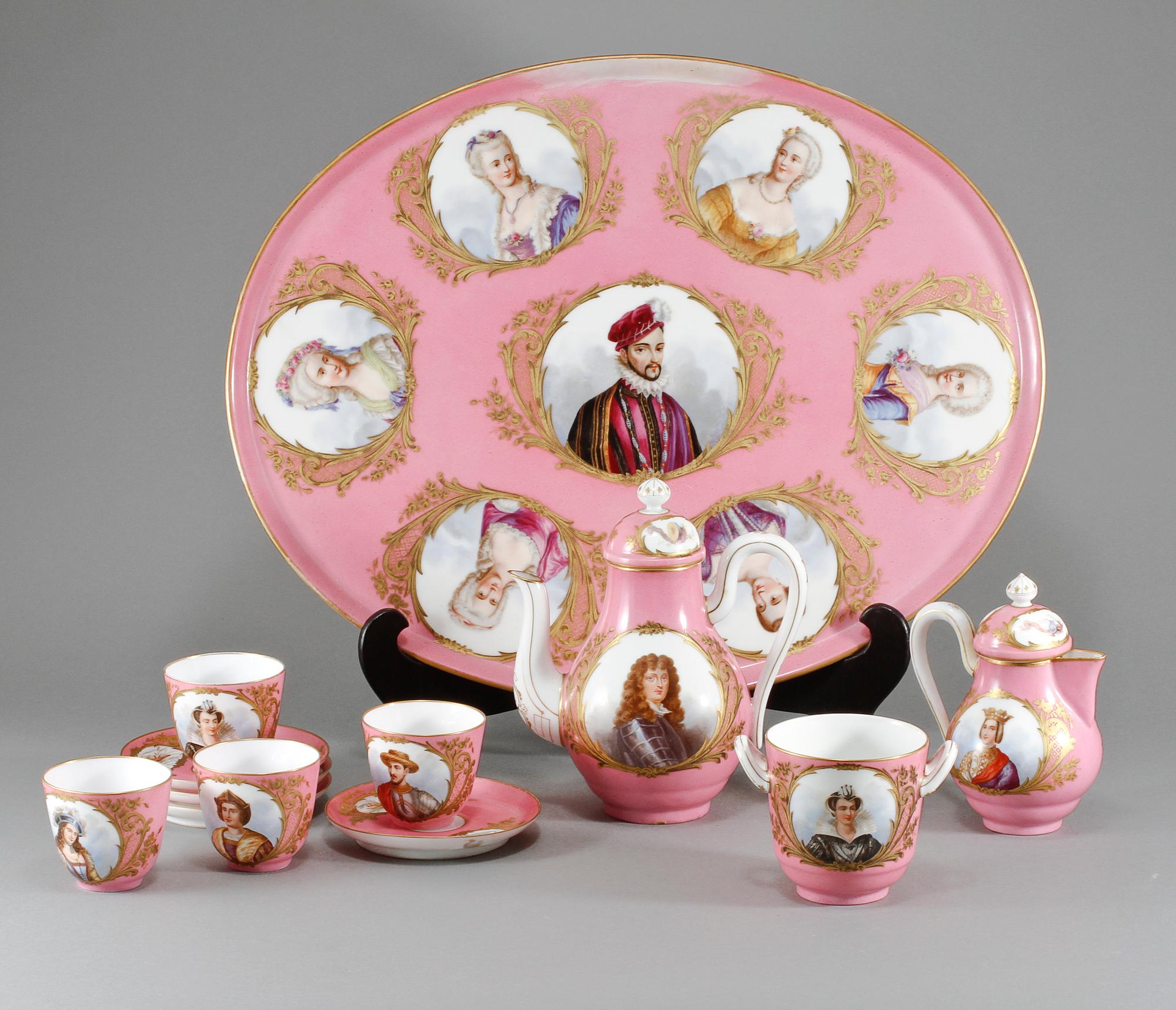SERVISDELAR, 8 delar, porslin, bär Sèvresliknande märke, 1800-tal.