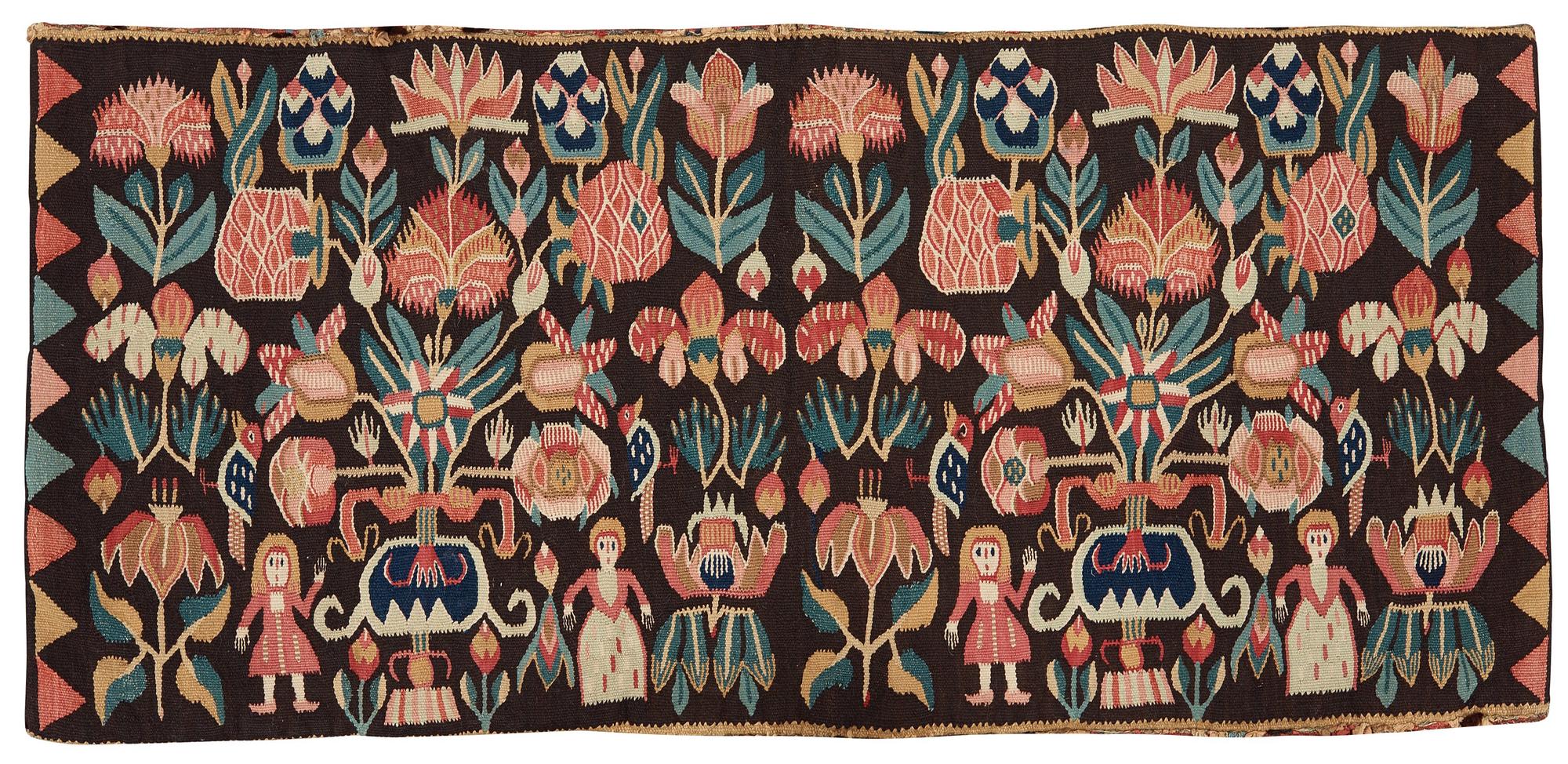 ÅKDYNA (agedyna). Flamskväv. "Urnor och par". 48,5 x 101,5 cm. Sydskåne 1800-tal. Troligen Torna härad.