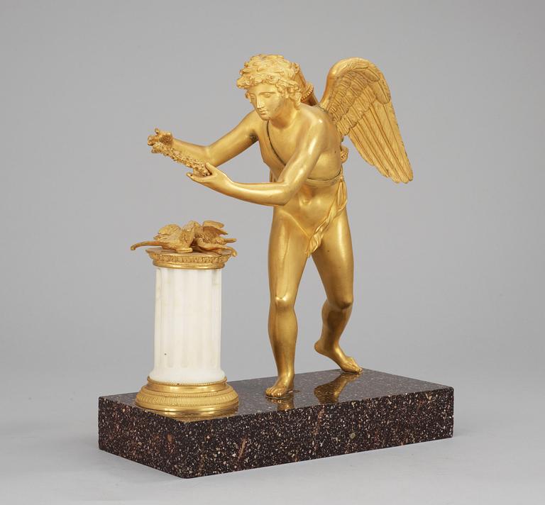 A Swedish circa 1800 gilt bronze, white marble and porphyry table sculpture.