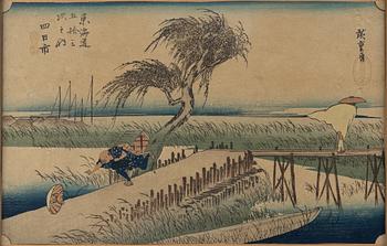 Ando Utagawa Hiroshige, efter, färgträsnitt, 3 st, Japan, tidigt 1900-tal.