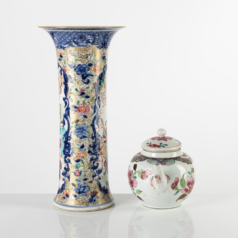 A Chinese export porcelain famille rose teapot and vase, Qing dynasty, Qianlong (1736-95).