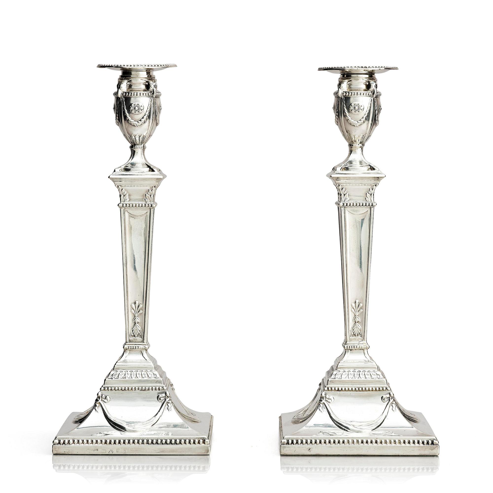 A pair of silver candlesticks, marks of John Parsons & Co, Sheffield, possibly 1784-85.