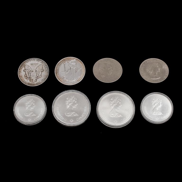 PARTI SILVERMYNT, 6 st, England, USA och Kanada, vikt ca 220 gr. Exklusive 2 mynt präglade i kopparnickel som medföljer.