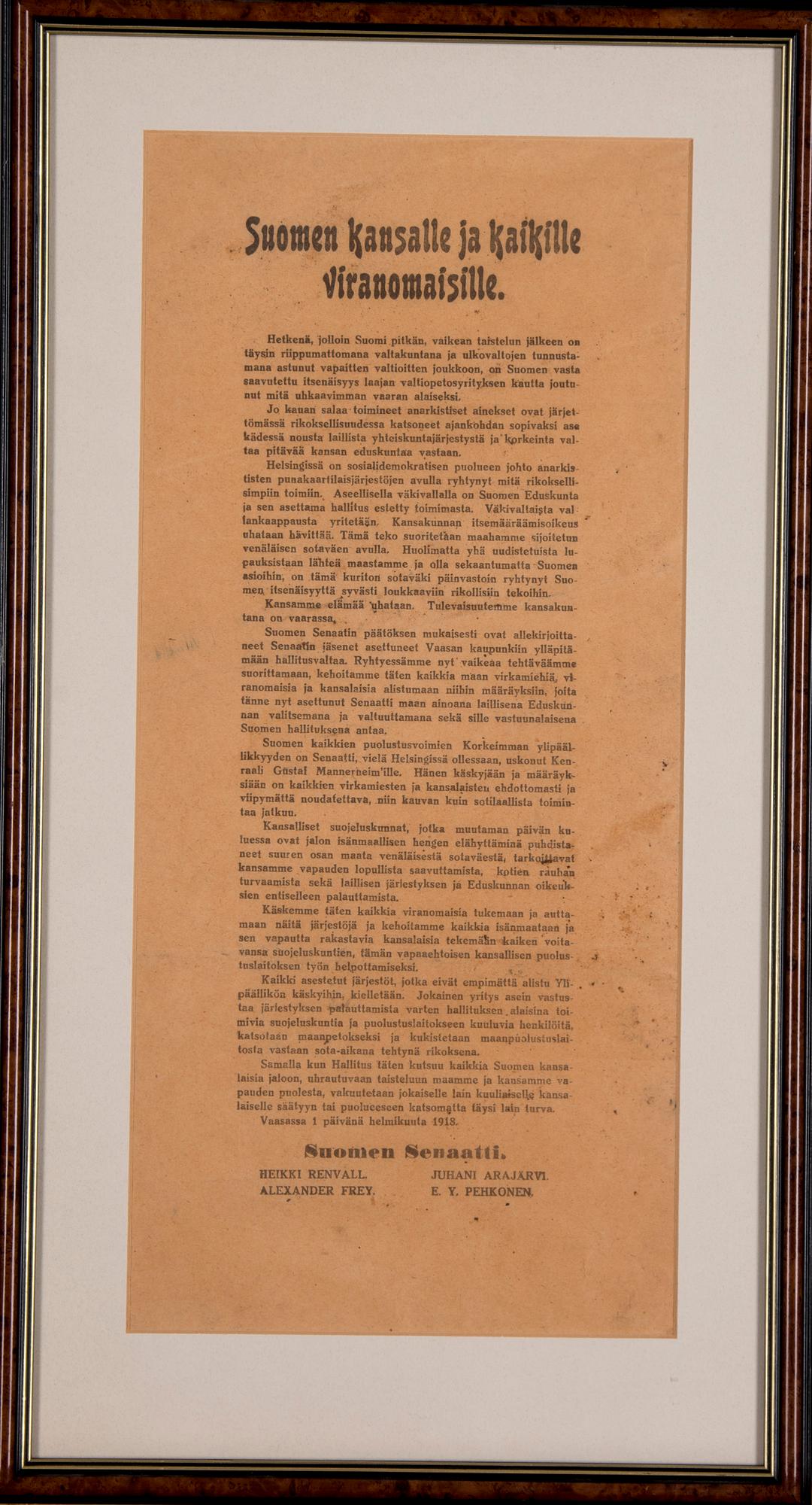 DEKLARATION, av Finlands Senat, daterad 1 februari 1918.