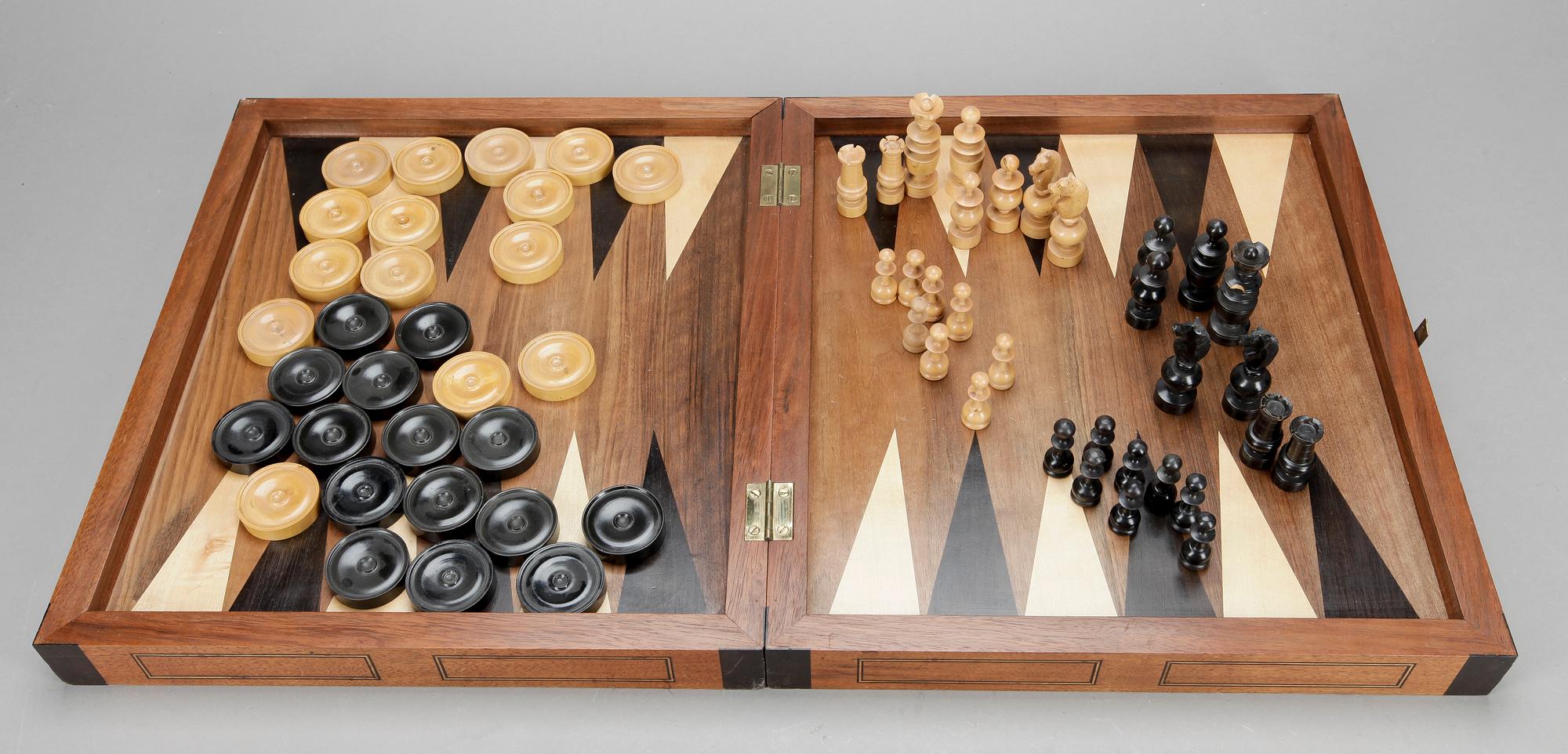 SCHACKSPEL/BACKGAMMON, trä, 1900-tal.