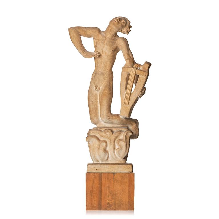 John Lundqvist, a patinated plaster sculpture of a lyre player, dated 1928.