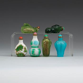 SNUSFLASKOR, sex stycken, pekingglas. Kina, 1900-tal.