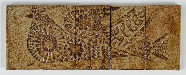 Roger Capron, a five-piece ceramic relief, signed.