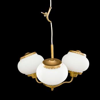 BEN KARLBY FOR LYFA, a brass and white glass ceiling lamp, second half of 20th century.