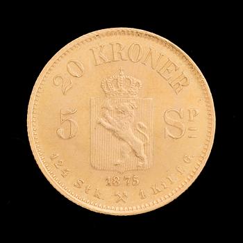 GULDMYNT, Sverige och Norge, 20 KRONER OSCAR II. 1875. Vikt ca 9 g.