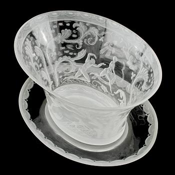 A Simon Gate 'Swedish Grace' engraved glass bowl with stand, Orrefors 1928, model nr 128.