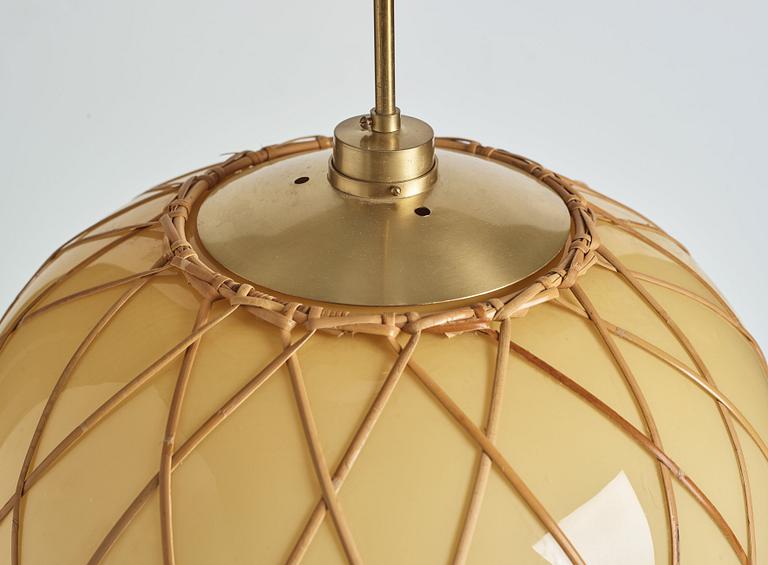 Harald Elof Notini, attributed to, a pair of vanilla coloured glass ceiling lights with fretted rattan, Böhlmarks, Stockholm 1940's.