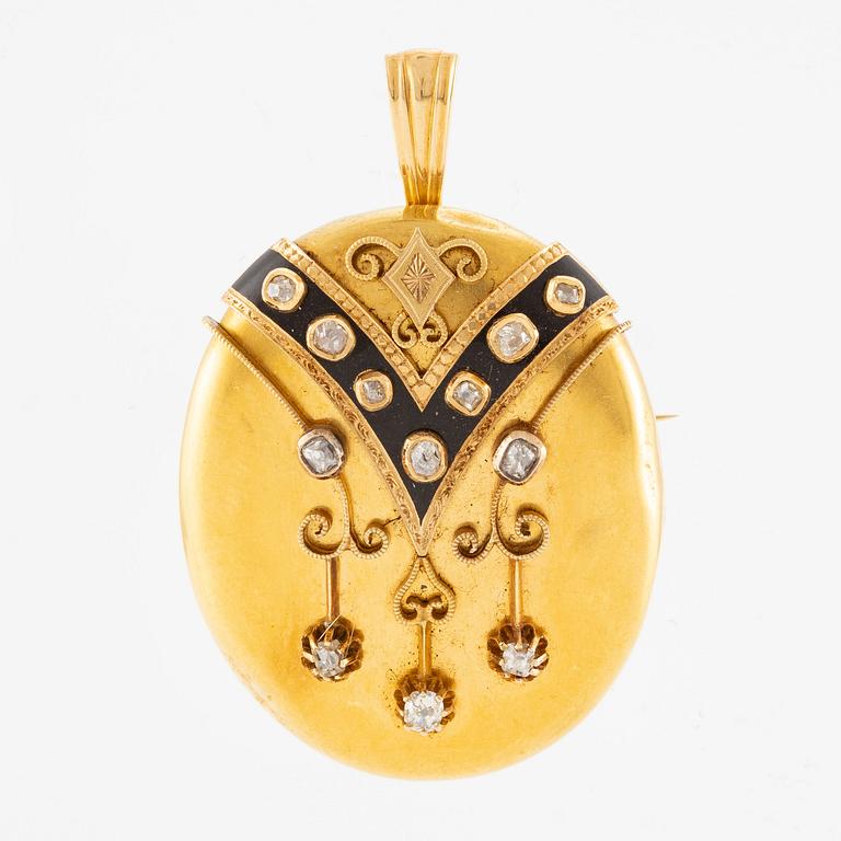 Medaljong/hänge 18K guld med emalj och gammalslipade diamanter.