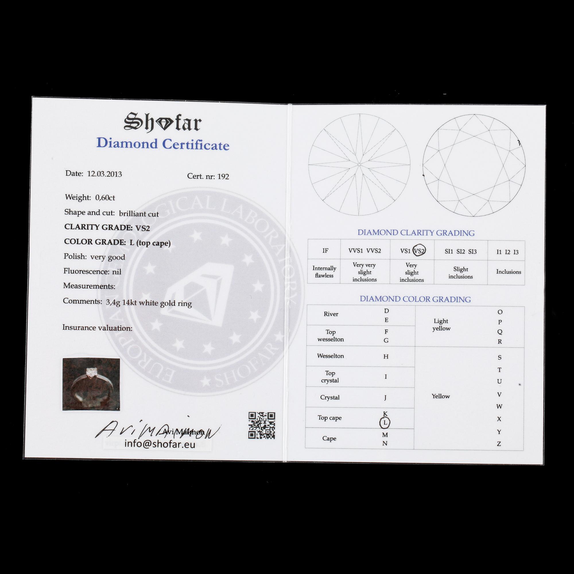RING, 14k vitguld, med briljantslipad diamant ca0,60ct. Certifikat medföljer. 2000-tal. Vikt ca3,4g.