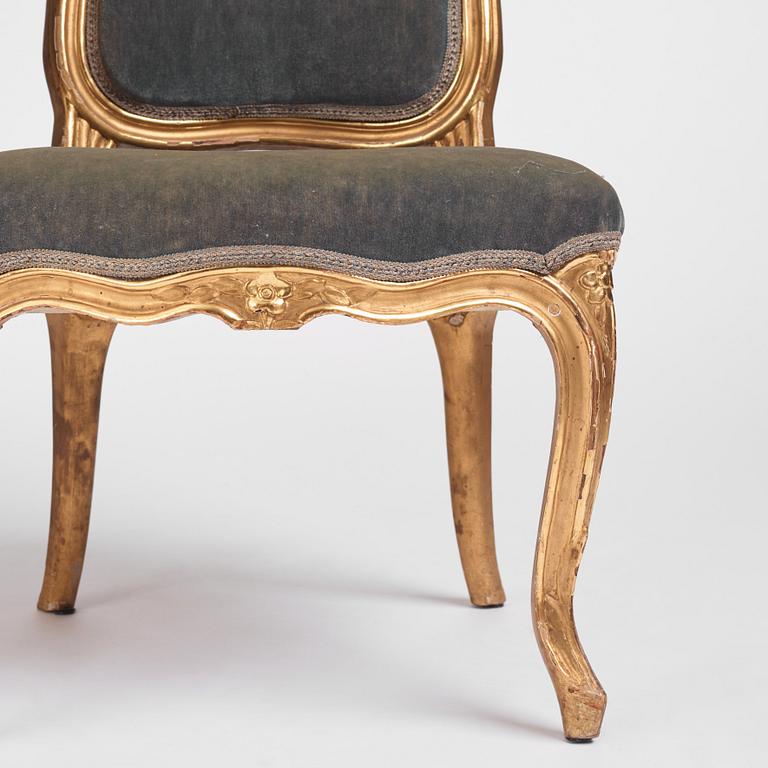 A pair of Swedish giltwood Rococo chairs, later part of the 18th century.