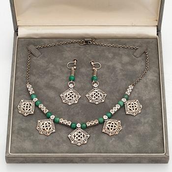 Kalevala Koru, collier och örhängen "Kanteletar"  silver, aventurin kvarts. Kalevala Koru, Helsingfors 1990.