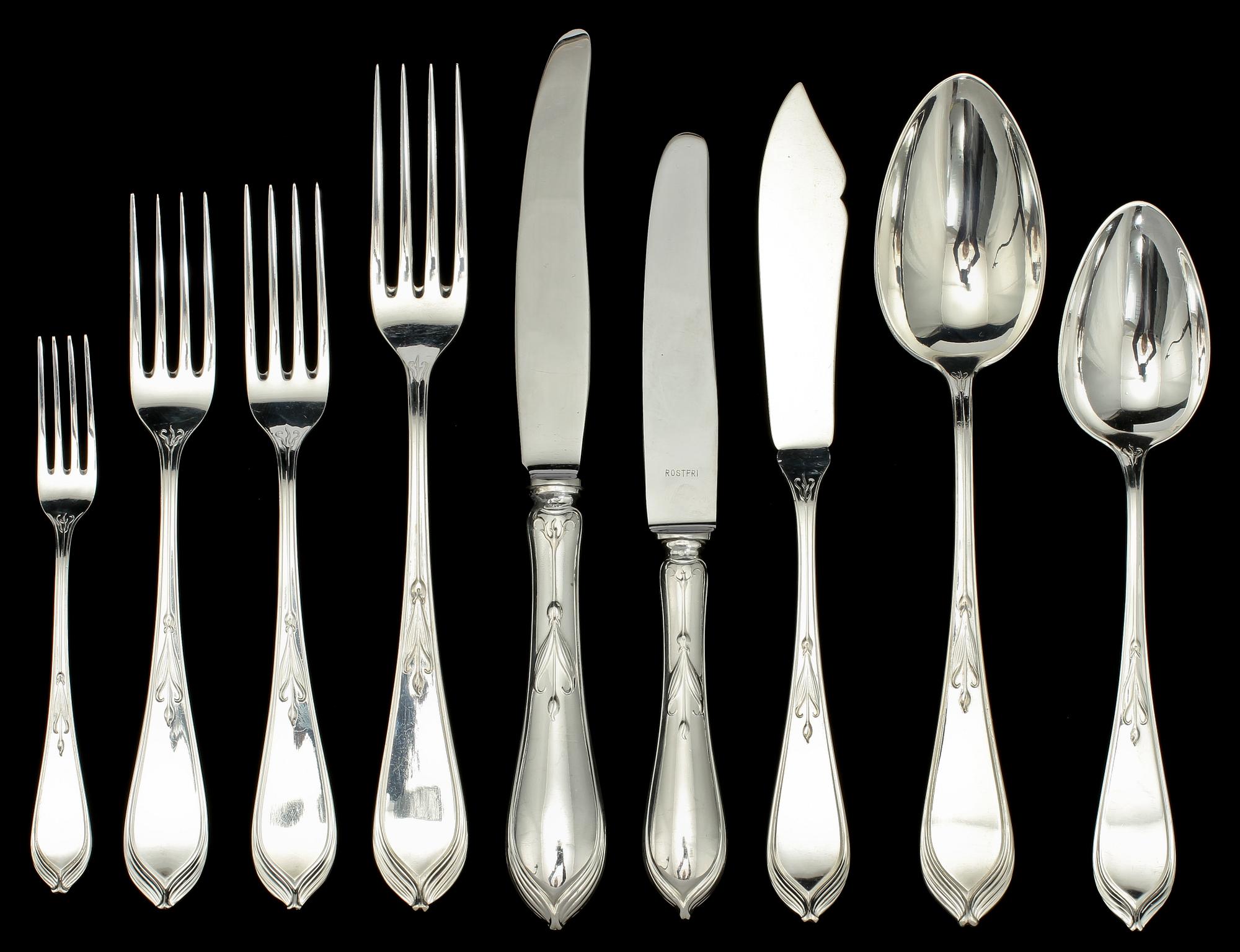 BESTICKUPPSÄTTNING, 66 delar, silver, delvis K Andersson, Stockholm, 1900-tal. Vikt ca 3 650 g.