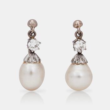 1017. A pair of possibly natural pearl and diamond earrings.