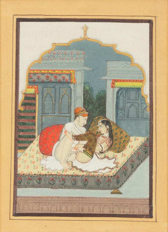 Unidentified artist, Erotic scenes in palace settings, India, 20th century. Two pieces.