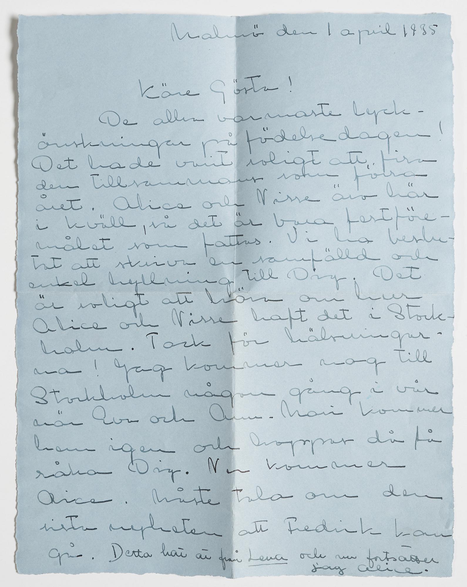 LETTER from the Wedel and Liepe families to GAN (Gösta Adrian-Nilsson) in Stockholm, dated Malmö 1 april 1935.