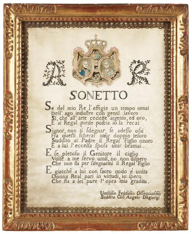 EMBROIDERY. "Sonetto". 40 x 31,5 cm. Around 1780.