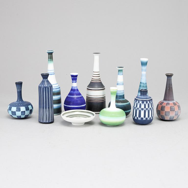 GUNNAR NYLUND, a set of 10 stoneware miniature vases and a miniature bowl, Rörstrand.