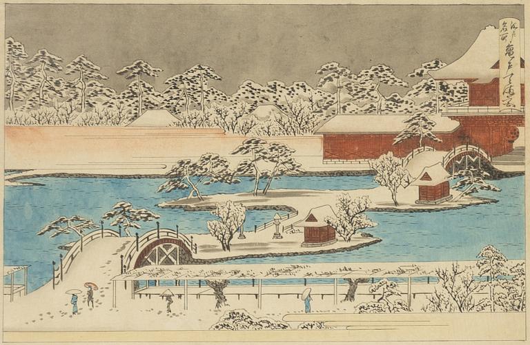 Ando Hiroshige, delvis efter, tre träsnitt samt Gekko "Elegant dam spelandes instrument".