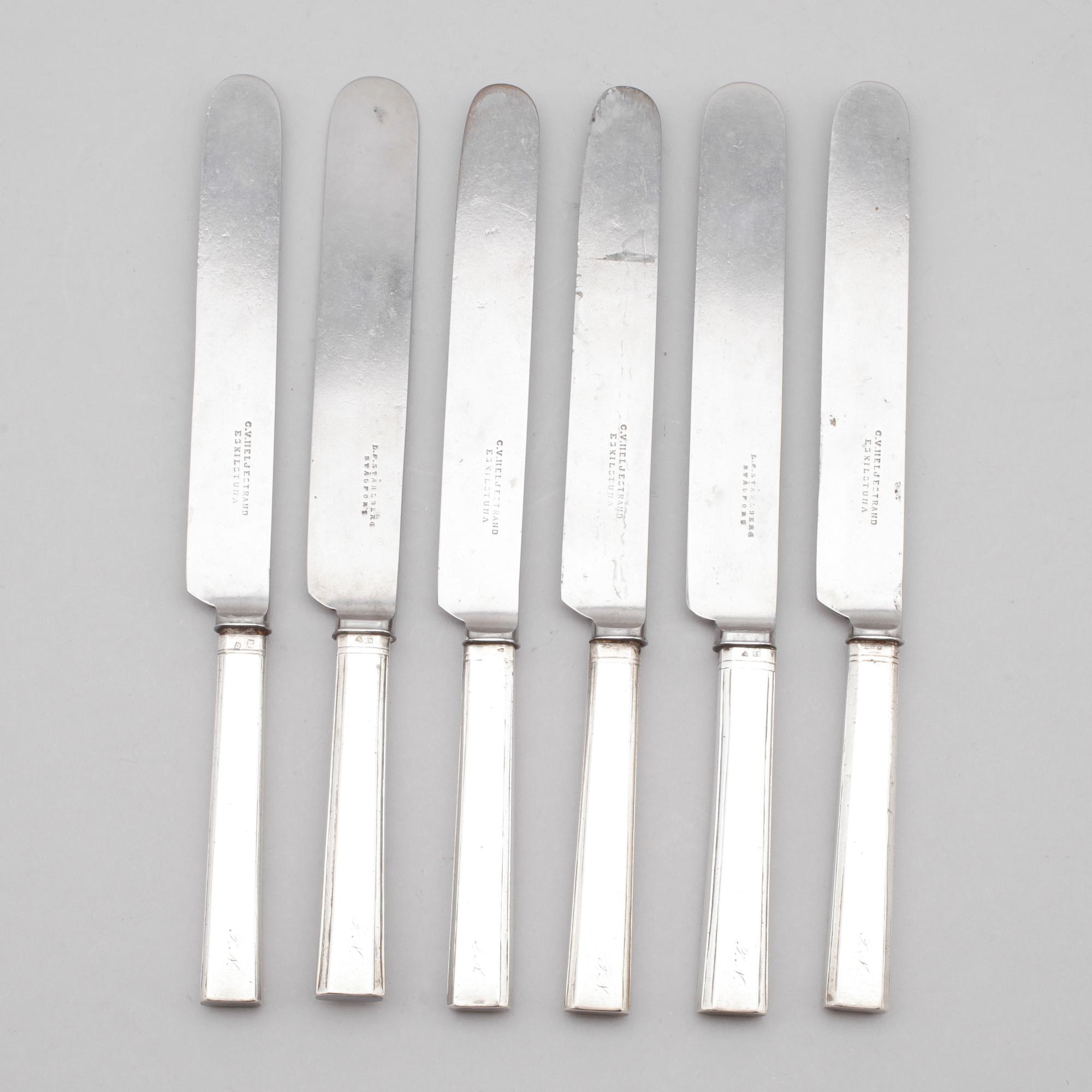 MATKNIVAR, 6 st, silver, Anders Gustaf Englund, Malmköping 1864.