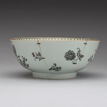 A grisaille punch bowl and stand, with a Swedish Bank note, Qing dynasty, Qianlong dated 1762.