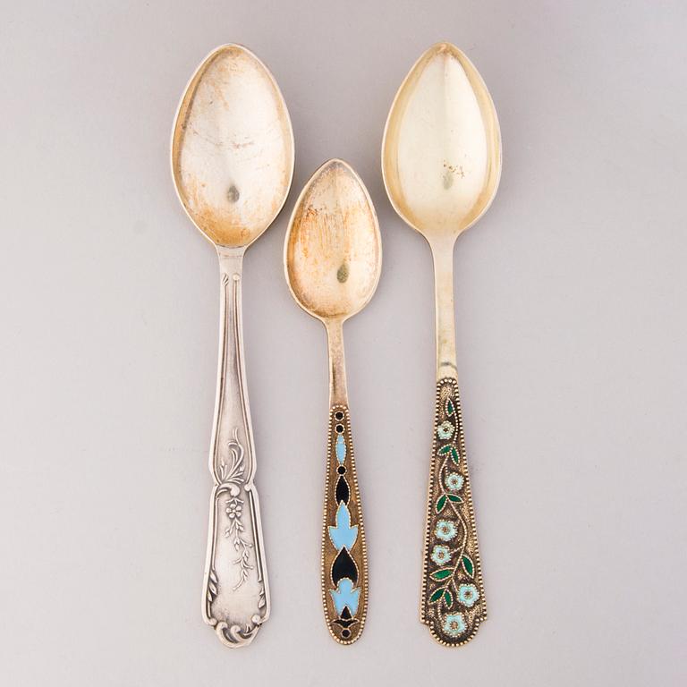 Three sets of silver spoons, totally 18 pieces, Soviet Union hallmarks.