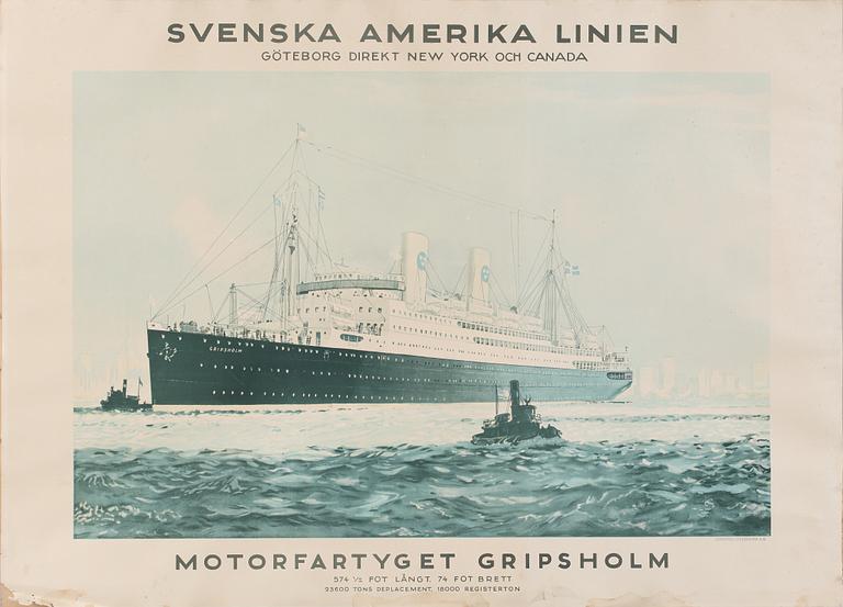 AFFISCH, litografisk, Svenska Amerika Linien, omkring 1900-talets mitt.