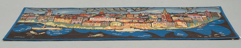 Lars Gynning, VÄVD TAPET, "La Vieille Ville" ("Gamla Stan"), gobelängteknik, ca 93,5 x 198,5 cm, signerad GYNNING MTP fino.