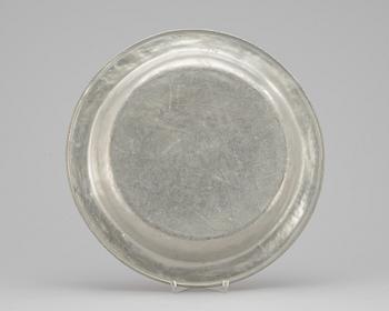 A pewter plate by Peter Kram Hudiksvall (active 1756-1758).