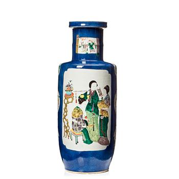 826. A powderblue and famille verte roleau vas, late Qing dynasty.