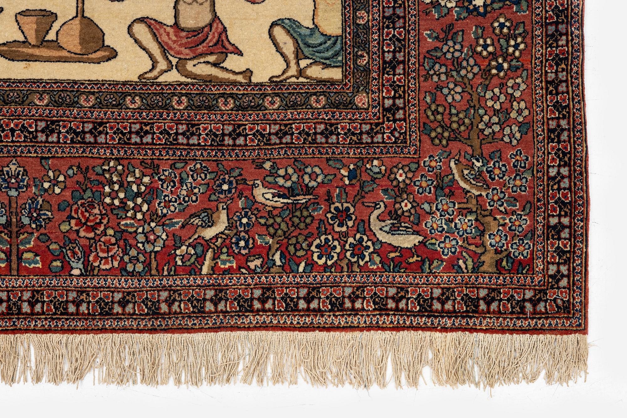 An antique pictoral Isfahan carpet, Central Persia, "Yusuf & Zuleika", c. 208 x 142 cm.
