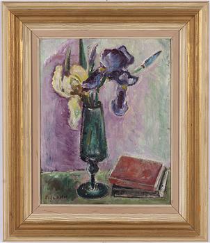 Agda Holst, Still life with flowers and books.