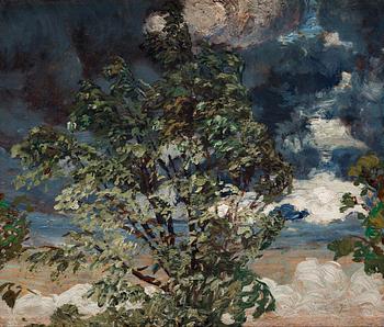 117. Helmer Osslund, Träd mot tågande skyar.