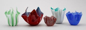 NÄSDUKSSKÅLAR, 5 st, glas, bla Murano, Italien.