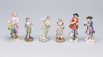 FIGURINER, 6 st. Porslin, diverse tillverkning bl.a Meissen 1900-tal.