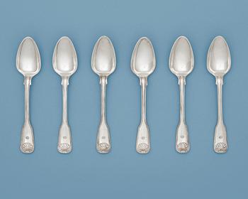 1031. A Swedish 19th century set of six silver dessert spoons, makers mark of Gustaf Möllenborg Féron, Stockholm 1854.
