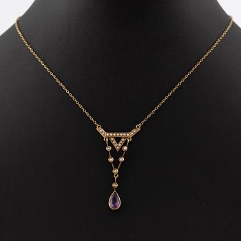 Necklace, 14K gold with amethyst and seed pearls.