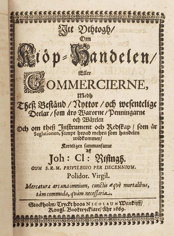 PER BRAHE DÄ (1520-1590) resp JOHAN RISING (ca 1616-1672), 2 vol in one, bla Oeconomia, Wisingsborg 1677.