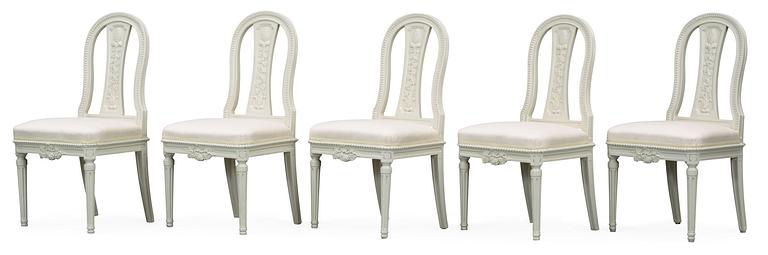 A set of five late Gustavian late 18th Century chairs, design Carl Wilhelm Carlberg 1796.