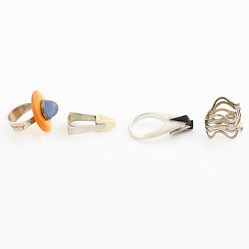 Four rings, silver and including carnelian, among others Cecilia Johansson, Gothenburg 1968.