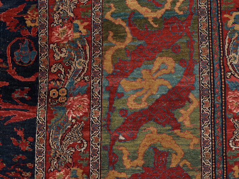 CARPET. Antique Bidjar. 578 x 355 cm, plus one end has 3 cm red flatweave, one has 1,5 cm.