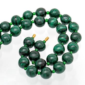 Malachite necklace, beads approx 15 mm and glass beads, approx 80 cm,  clasp metal.