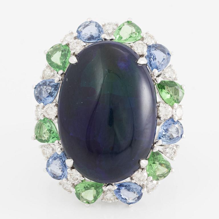 Ring, 18K white gold with opal, tsavorite, sapphire, and brilliant-cut diamonds.